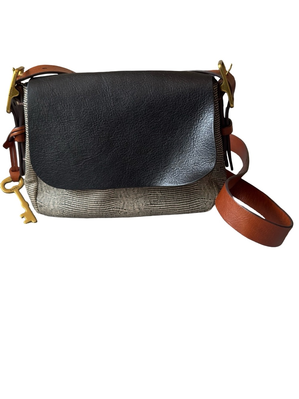 FOSSIL Leather Flap Crossbody Bag in Black and Brown